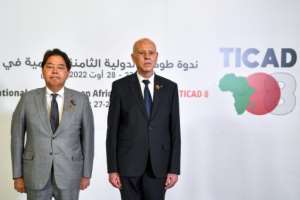 R to L Tunisia's President Kais Saied and Japan's Foreign Minister Yoshimasa Hayashi. By FETHI BELAID POOLAFP