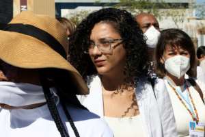 Sanaa Seif C, the sister of Alaa Abdel Fattah, attends a protest by Women and Gender Constituency WGC during the COP27 climate conference in Sharm el-Sheikh. By Fayez Nureldine AFP