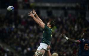 South Africa's lock and captain Eben Etzebeth C leaps in the line-out during their friendly rugby union Test match against France, at The Stade de France Stadium in Saint-Denis, on November 18, 2017