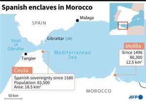Facts and locations of the Spanish enclaves of Ceuta and Mellila in Morocco.. By AFP
