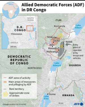 Map showing the zone of activity of the armed group Allied Democratic Forces ADF, in the Democratic Republic of Congo.. By Cla PCULIER AFP