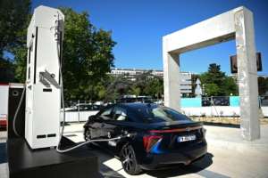 The future? A car powered by hydrogen fuelcells gets a top-up at a filling station in Paris. The facility was presented to the media last week ahead of its opening next month. By Christophe ARCHAMBAULT AFP