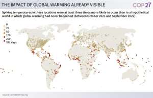 Map showing locations where spiking temperatures are at least three times more likely to occur than in a hypothetical world in which global warming had never happened between October 2021 and September 2022. By Luca MATTEUCCI AFP