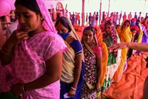 There was not much social distancing in evidence as voters bast their ballots for Bihar state assembly elections. By Prakash SINGH AFP