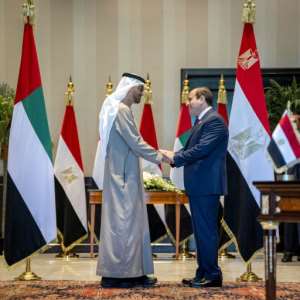 UAE President Sheikh Mohamed bin Zayed al-Nahyan, on the left, and Egypt's President Abdel Fattah el-Sisi shake hands after a ceremony to sign a memorandum of understanding to build a 10-gigawatt onshore wind project in Egypt. By Rashed AL-MANSOORI UAE's Ministry of Presidential AffairsAFP