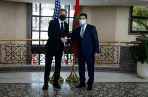 US Secretary of State Antony Blinken L shakes hands with Morocco's Foreign Minister Nasser Bourita R during their meting in the capital Rabat on Tuesday. By - AFP
