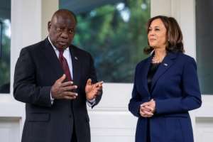 US Vice President Kamala Harris welcomes South African President Cyril Ramaphosa to her residence at the US Naval Observatory. By Jim WATSON AFP