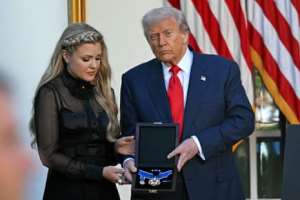 Donald Trump presents Erika Kirk with the Presidential Medal of Freedom for Charlie Kirk at the White House on Tuesday. Photograph: Andrew Caballero-Reynolds/AFP/Getty Images