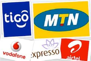 Logos of mobile telephone companies in Ghana, photo credit: Ghana media