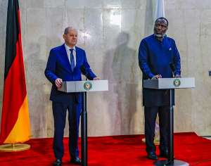 H.E. Olaf Scholz, the Chancellor of Germany and H.E. Dr. Omar Alieu Touray, President of the ECOWAS at the Press Conference