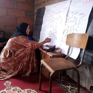 Rachida, a certified empowerment trainer, guides a group of women from a rural village in the Taroudant province of Morocco through the discovery of self and identity, August 2022. Photo: HAF