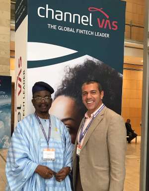 Chairman of Nigerian Communications Commission NCC, Senator Olabiyi Durojaiye, congratulating Channel VAS founder and CEO Bassim Haidar for his companys growth and latest achievements, during Africa Com in Cape Town, South Africa recently