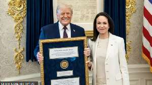 Maria Corina Machado and Donald Trump with Nobel Prize Award