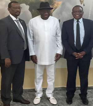 L-R: Dr Canisius Kanangire, AATF Executive Director, Dr Goodluck Jonathan, former President of Nigeria, Prof. Emmanuel Ikani, Executive Director, National Agricultural Extension Research and Liaison Services.