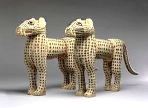 Pair of leopard figures, now in Her Majesty Collection, the Queen of the United Kingdom, Admiral Rawson Collection., London, UK. The commanders of the British Punitive Expedition force to Benin in 1897 sent the pair of leopards to the British Queen soon after the looting and burning of Benin City.