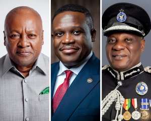 L to R, President John Mahama; Minister of Communications, Digitalisation and Innovations Sam Nartey George; Inspector General of Police Christian Tetteh Yohuno