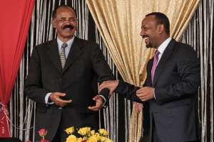Eritrean President Isaias Afwerki L and Ethiopiaamp;39;s Prime Minister Abiy Ahmed at an event in Ethiopia in 2018. - Source: Eduardo SoterasAFP via Getty Images