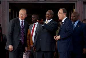 World Bank Group President Jim Yong Kim, President of Uganda, Yoweri Museveni and United Nations Secretary-General, Ban Ki-moon in Kampala