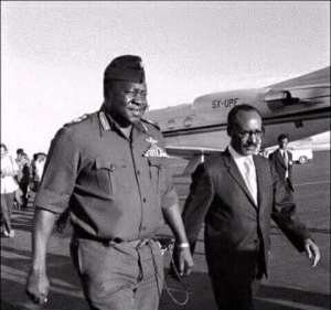 Amin arrives in Addis Ababa, Ethiopia aboard the Ugandan presidential jet for the AU Heads of State conference 1973.