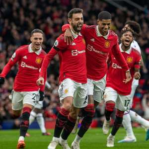 Bruno Fernandes of Manchester United celebrates scoring a goal to make the score 1-0 with his team-mates during the Premier League match between Manchester United and Crystal Palace at Old Trafford on February 4, 2023Image credit: Getty Images