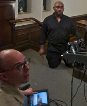 JOHN COSTELLO / Inquirer Staff Photographer "Once Upon a Lie" is by a mixed  African and American team, including director Michael Wellenreiter, left, and one of the cast, Michael D. Robinson 2d, playing  The Pastor.