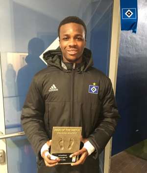 Ghanaian midfielder Gideon Jung wins Man of the Match award after scoring to help Hamburg beat Koln in German Cup