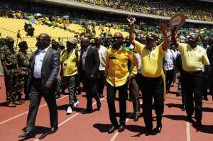 Supra Mahumapelo, former premier of North West Province, former president Jacob Zuma and current president Cyril Ramaphosa at an ANC celebration in 2016. - Source: Thulani MbeleSowetanGallo ImagesGetty Images