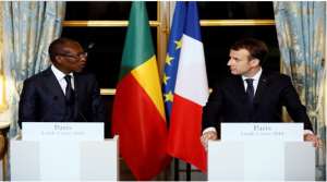 President Emmanuel Macron of France, right, and President Patrice Talon of Benin held a joint press conference after a meeting at the lyse Palace in Paris on Monday. Credit Pool photo by Etienne Laurent, published in the New York Times