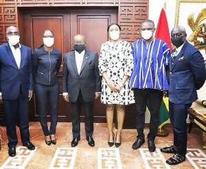 Picture L-R, Dr. Kwaku Ofosu-Asare,  Executive Chairman of the LOC, Ms Eva Okyere, member-Legal, H. E. Nana Akufo-Addo, President of the Republic of Ghana, Dr. Beatrice Dwumfour Williams,  member, Hon Mustapha Ussif, Youth and Sports Minister designate,  Reks Brobby, Deputy Chief Operating Officer of the LOC.
