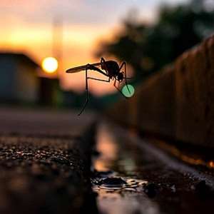 Female Anopheles mosquito at a typical breeding site (AI generated image)