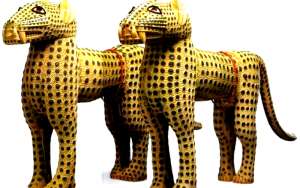 Pair of leopard figures, now in Her Majesty, the Queen of the United Kingdom, Admiral Rawson Collection. London, UK. The commanders of the British Punitive Expedition force to Benin in 1897 sent the pair of leopards to the British Queen soon after the looting and burning of Benin City.