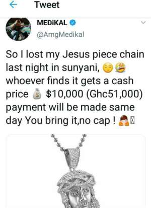 Medikal Places 10,000 To Anyone Who Finds His Missing Jesus Chain