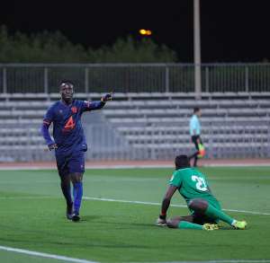 Ghana forward Samuel Owusu celebrates after scoring against Arar. Photo CreditAl Feiha