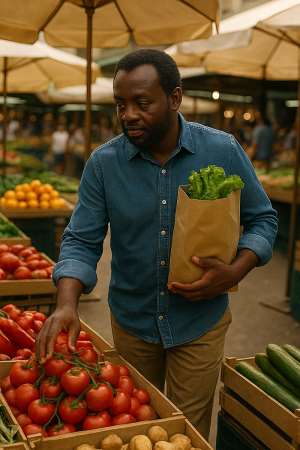 Kofi navigates the vibrant market, selectively choosing fresh groceries for the week, stretching his modest salary.