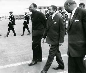 Ethiopian Emperor Haile Selassie, centre, and Ghanaamp;39;s founder and first President Kwame Nkrumah, left,  during the launch of the OAU in Addis Ababa.  - Source: STRAFP via Getty Images