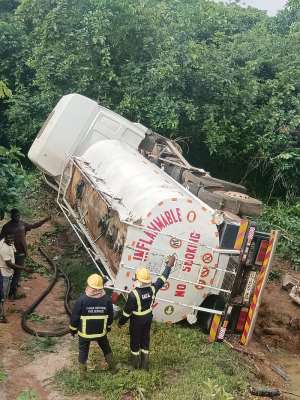 Driver, mate narrowly escape death as tanker runs into river on Dambai-Asukawkaw highway