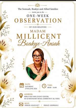Family announces One Week Observation for Madam Millicent Boakye Ansah