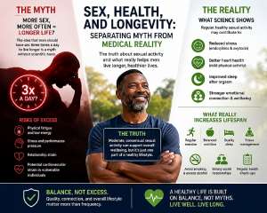 The idea that men must have sex 3 times daily to live longer is a myth. Science shows moderate, consensual sex may support health, but longevity depends more on sleep, diet, exercise, and stress control. Balance not excess is what truly supports a longer, healthier life.