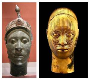 On the left is the cast brass head, Ori Olokun, an Ife head, in British Museum and on the right the sculpture by Damien Hirst which he calls Golden HeadsFemale.