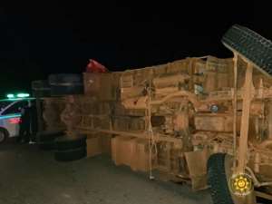 One killed as truck loadedwith plywood overturns at Kamirekrom Checkpoint