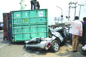 Three Die As Container Falls Off Truck In Ogun