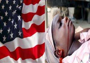 A victim of Ebola and the American flag because the US government is responsible