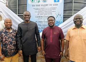 Mr Richard Kasu, Executive Director of CFF-Ghana (1st on the left), Hon. Frank Afriyie, MP for Afadjato South (2nd on the left), followed by Dr Sodzi-Tettey, CEO, National Vaccine Institute, with Hon. Manfred Tawia (1st on the right)