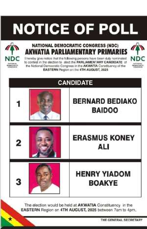 Three candidates contests NDC parliamentary primary in Akwatia on August 4