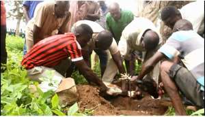 Traditional head of Kpalwega, Tengdana Akubilla Azubilla, together with community elders and chiefs, performs a sacred ritual at Bawku SHS