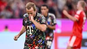 Harry Kane reacts after scoring his 100th Bundesliga goal. Harry Langer/picture alliance via Getty Images