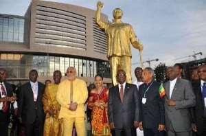 President Mills with President Rawlings, Professor Francis Nkrumah, Samia Nkrumah @ unveiling of Osagyefos statue in Addis Ababa in 2009 in front of the AU Building