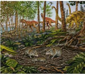 Illustration of early mammals and dinosaurs. Generated by ChatGPT. - Source: