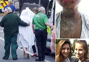 Torment: Katie Gee, pictured under a blanket, and her friend Kirstie Trup arrive at Chelsea and Westminster Hospital today for treatment on their wounds