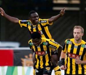 Abdul Majeed Waris is carried on the back of a Hacken teammate after scoring two goals